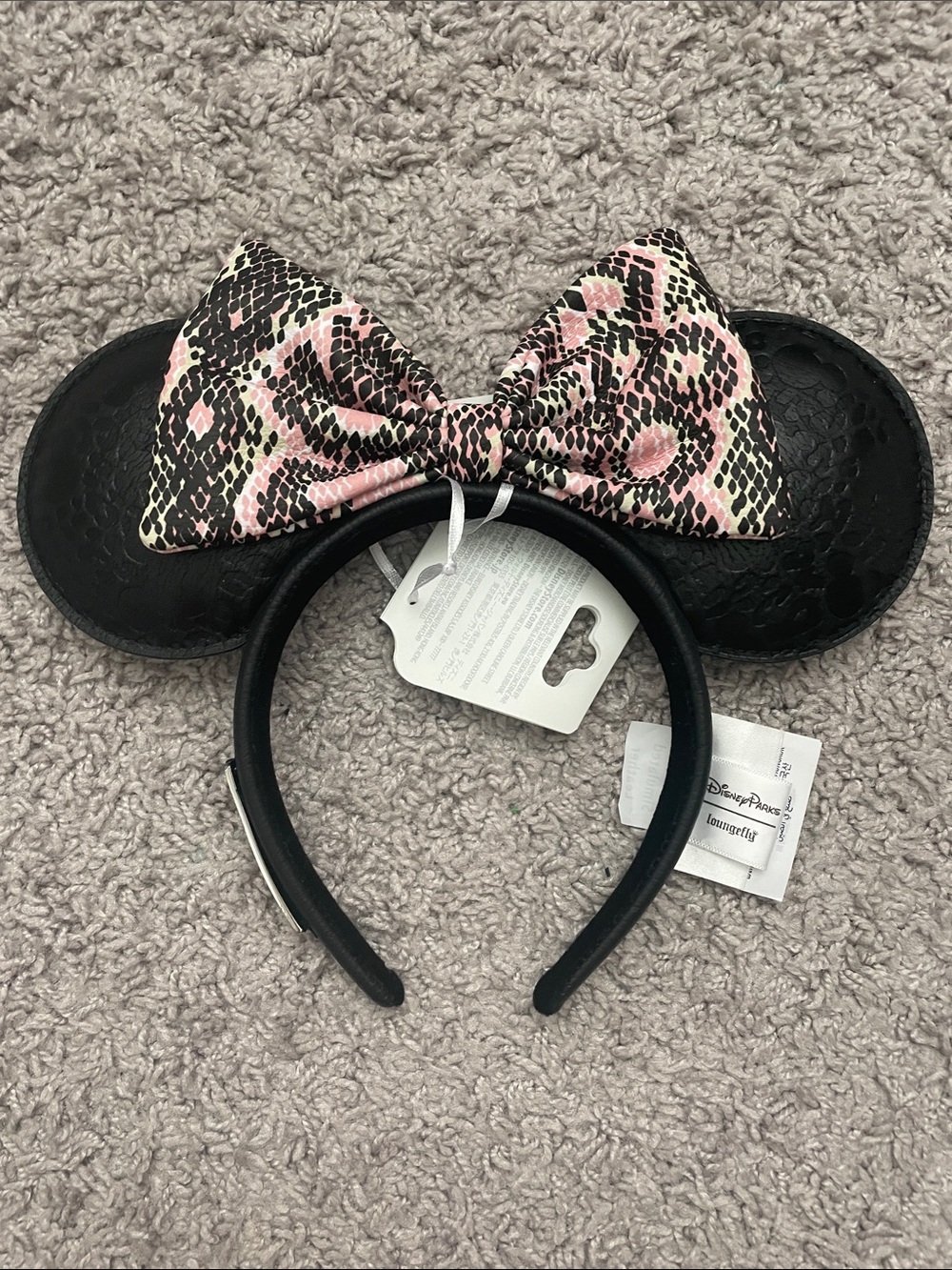Disney Loungefly Black Minnie Mouse Ears with Pink Snake-Print Bow - Picture 7 of 7
